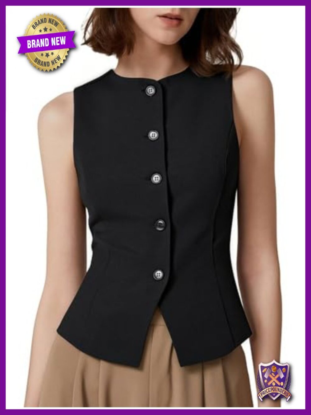 Women's Sleeveless Button Up Vest Top Crew Neck Business Casual
